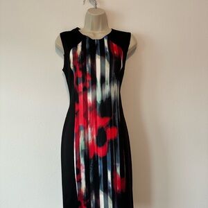 T Tahari Black and Red Patterned Midi Dress
